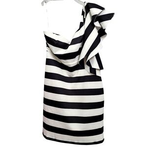 Nwt Elloquii One Shoulder Ruffle Black/White Stripe Scuba Sweetheart Neck Dress